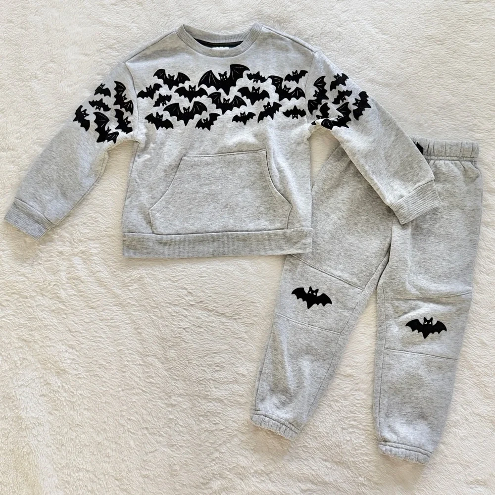 Wonder Nation Halloween Sweatshirt Sweatpants Set Gray Black Bats Size 3T